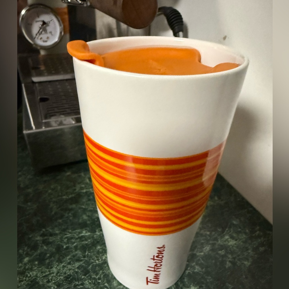 Tim Hortons White and Orange Travel Mug ceramic